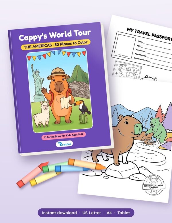 Cappy's World Tour: The Americas product mockup Cappy's World Tour: The Americas printable book shown with real pages from inside, by Reeoka