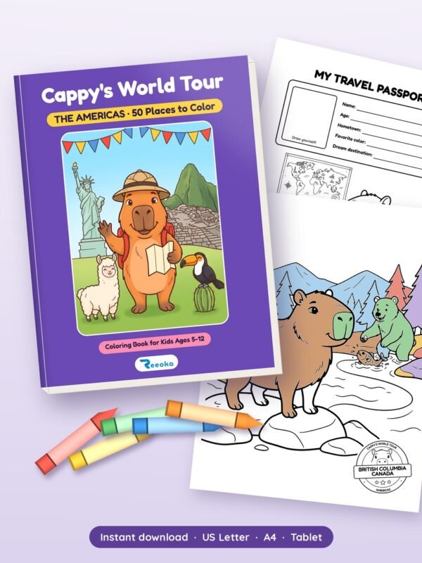 Cappy's World Tour: The Americas printable book shown with real pages from inside, by Reeoka