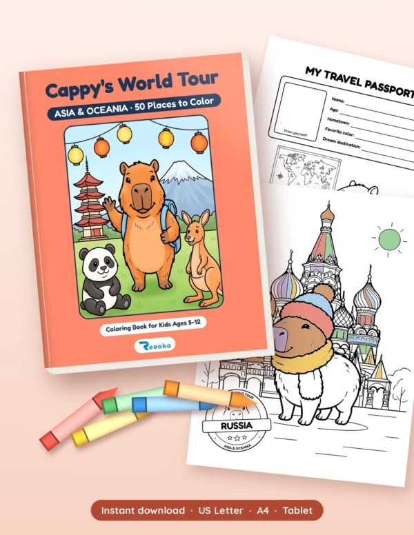 Cappy's World Tour: Asia & Oceania product mockup Cappy's World Tour: Asia & Oceania printable book shown with real pages from inside, by Reeoka