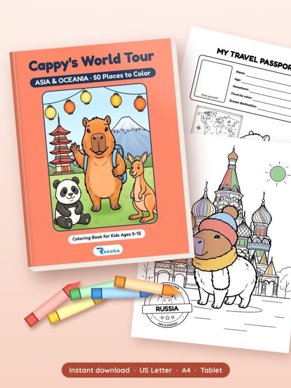 Cappy's World Tour: Asia & Oceania printable book shown with real pages from inside, by Reeoka