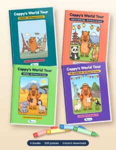 Cappy's World Tour complete 4-book bundle printable book shown with real pages from inside, by Reeoka