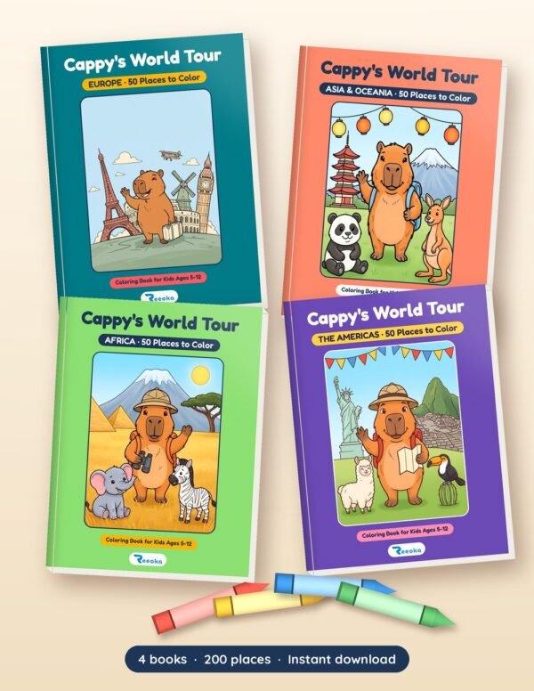 Cappy's World Tour complete 4-book bundle printable book shown with real pages from inside, by Reeoka