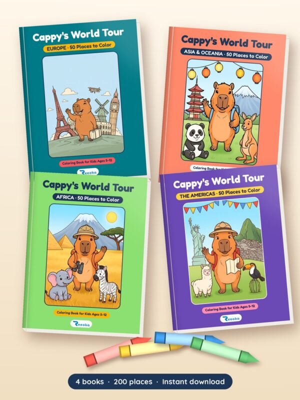 Cappy's World Tour complete 4-book bundle printable book shown with real pages from inside, by Reeoka