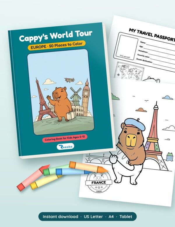 Cappy's World Tour: Europe printable book shown with real pages from inside, by Reeoka