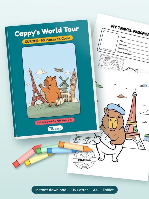 Cappy's World Tour: Europe printable book shown with real pages from inside, by Reeoka
