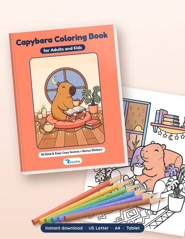 Capybara Coloring Book for Adults and Kids product mockup Capybara Coloring Book for Adults and Kids printable book shown with real pages from inside, by Reeoka