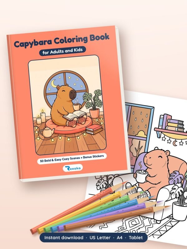 Capybara Coloring Book for Adults and Kids printable book shown with real pages from inside, by Reeoka