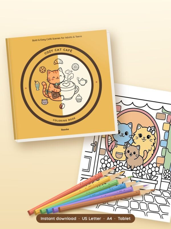 Cozy Cat Cafe Coloring Book printable shown with a real page from inside, by Reeoka
