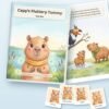 Capy's Fluttery Tummy printable book shown with real pages from inside, by Reeoka