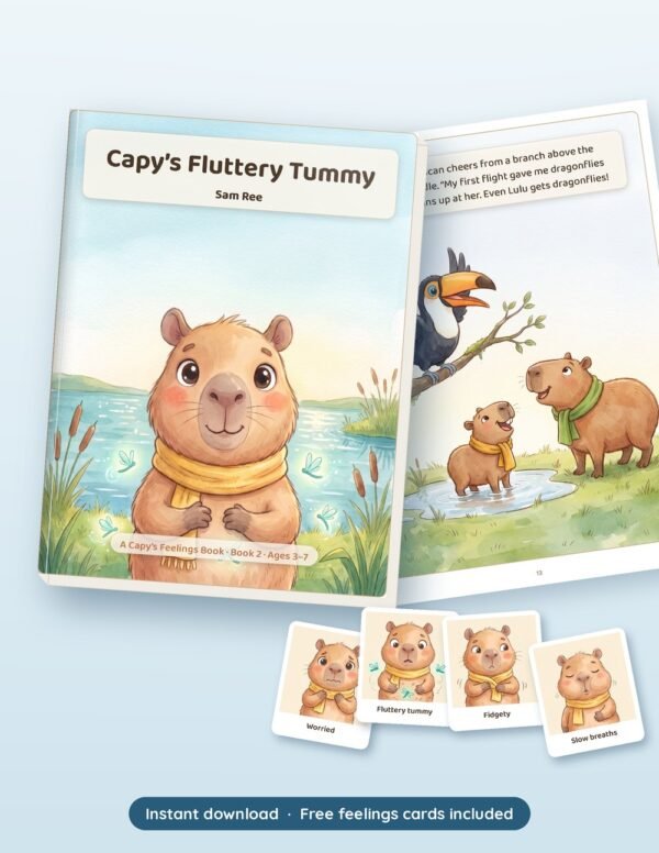 Capy's Fluttery Tummy printable book shown with real pages from inside, by Reeoka