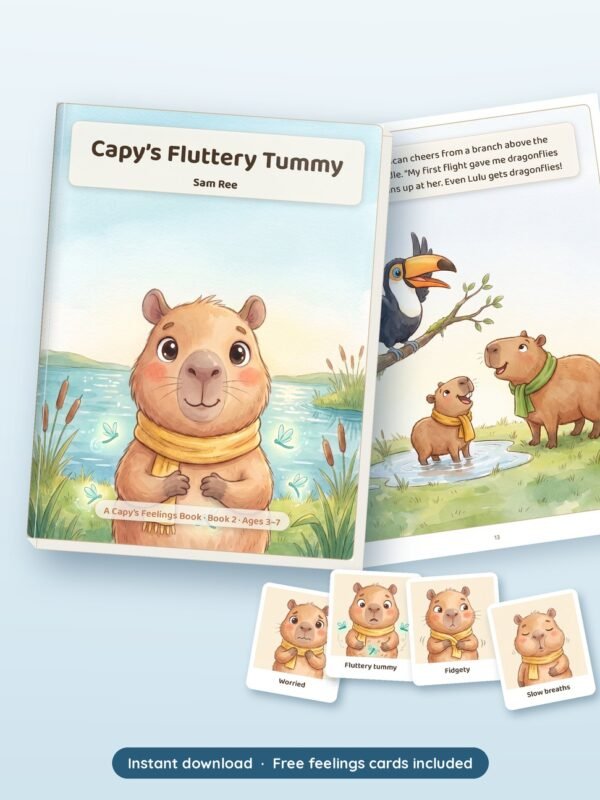 Capy's Fluttery Tummy printable book shown with real pages from inside, by Reeoka