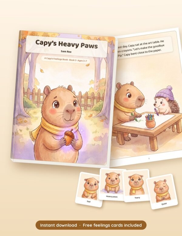 Capy's Heavy Paws printable book shown with real pages from inside, by Reeoka