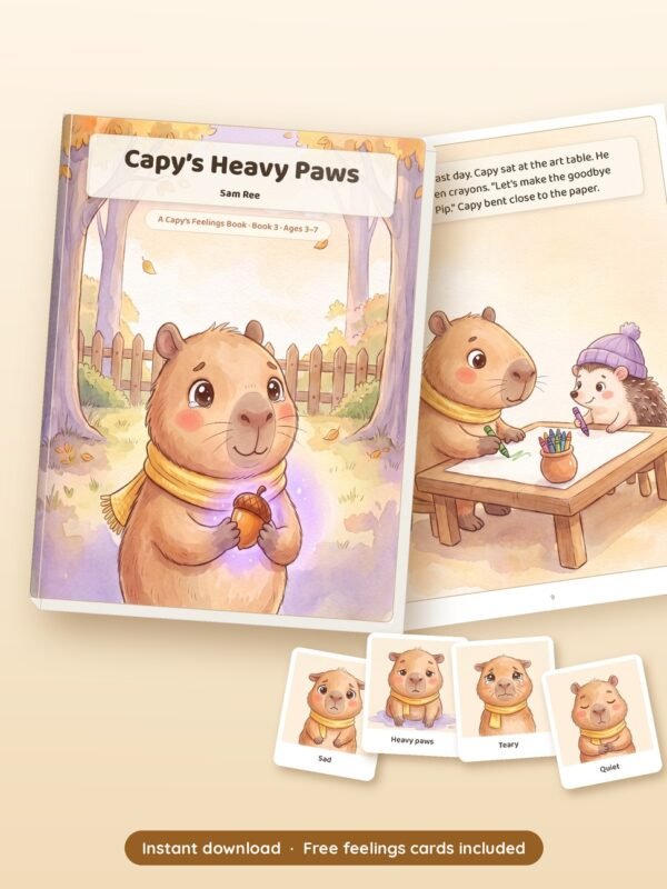 Capy's Heavy Paws printable book shown with real pages from inside, by Reeoka