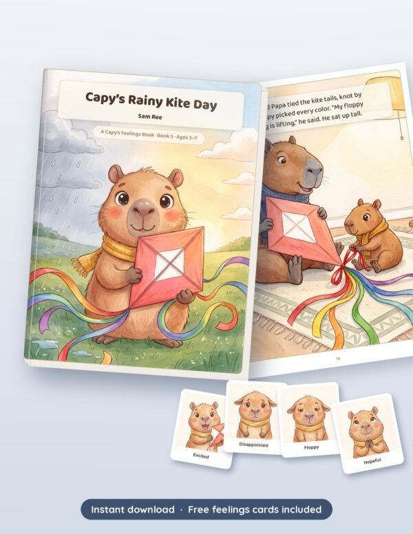 Capy's Rainy Kite Day printable book shown with real pages from inside, by Reeoka