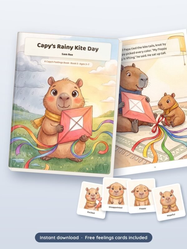 Capy's Rainy Kite Day printable book shown with real pages from inside, by Reeoka