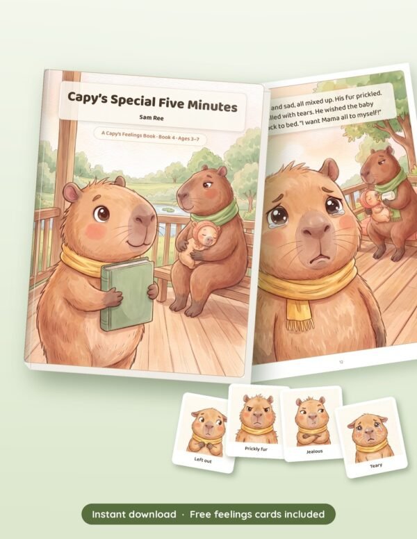 Capy's Special Five Minutes printable book shown with real pages from inside, by Reeoka
