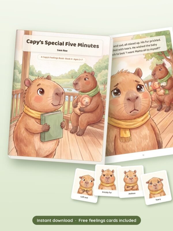 Capy's Special Five Minutes printable book shown with real pages from inside, by Reeoka